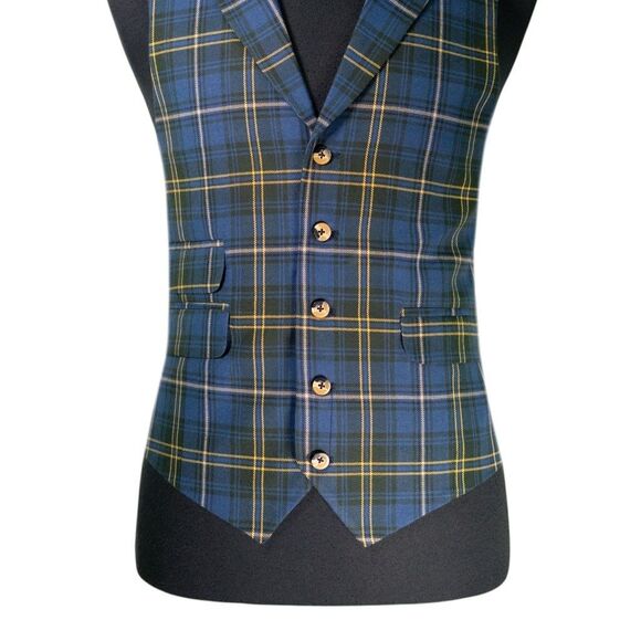 Mens 42R Wool Vest Blue Yellow Green Tartan Plaid Waistcoat Preppy Casual Formal - Picture 5 of 10